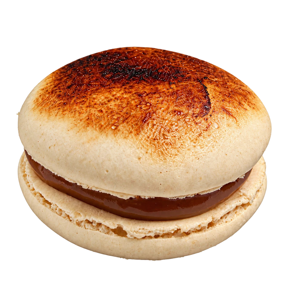 Caramel Brûlé in profile: salted butter caramel ganache visible between two amber shells