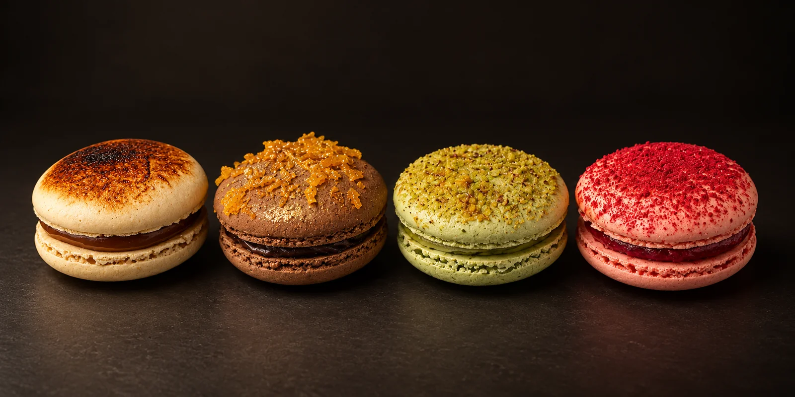 Four French macarons in profile — Caramel Brûlé, Gilded Midnight, Green Ember, Rosy Dusk — showing the ganache between the shells, hand-made for the La Macaronerie Thanksgiving release