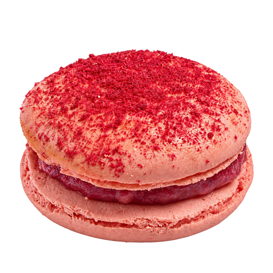 Rosy Dusk in profile: raspberry ganache visible between two pink shells